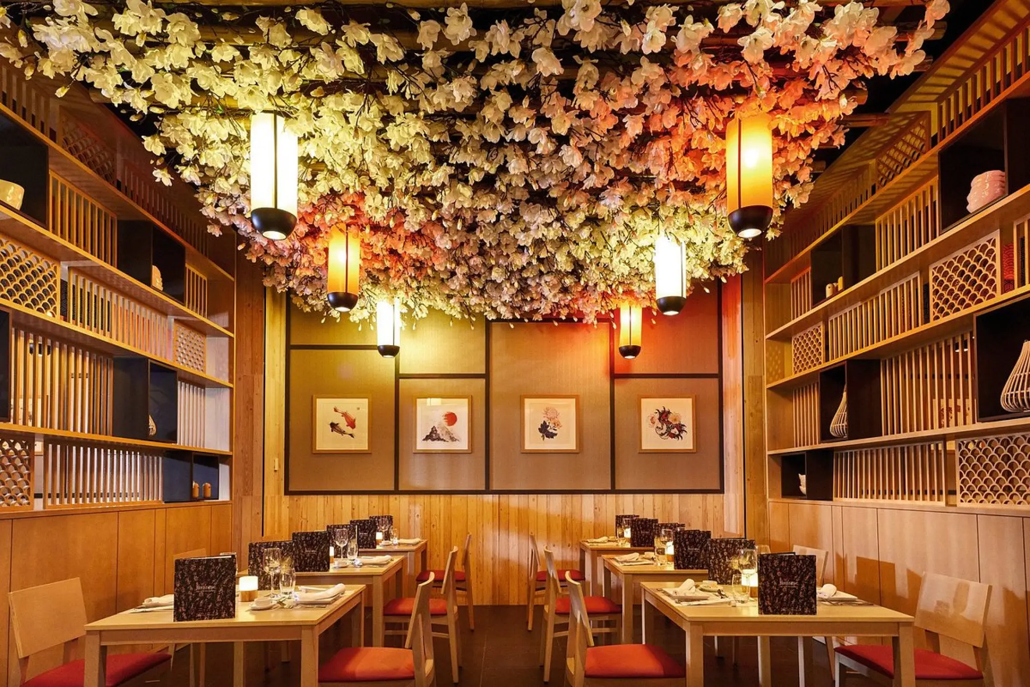 Japanese restaurant with floral ceiling and paper lanterns at Riu Palace Baja California, Cabo San Lucas