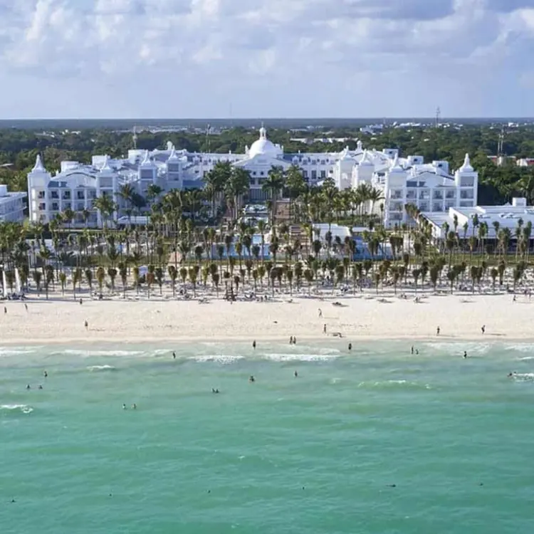 Aerial view of Riu Palace Riviera Maya beachfront and turquoise Caribbean waters, Playa Del Carmen