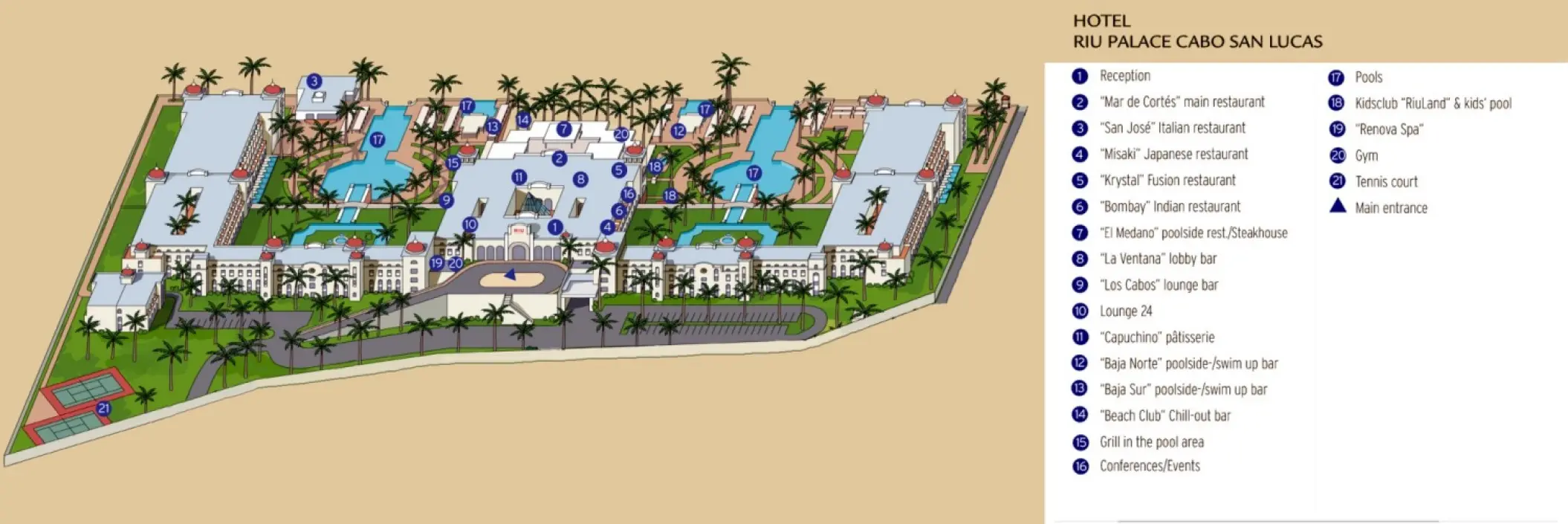 Resort map graphic of Riu Palace Cabo San Lucas including pool and restaurant locations