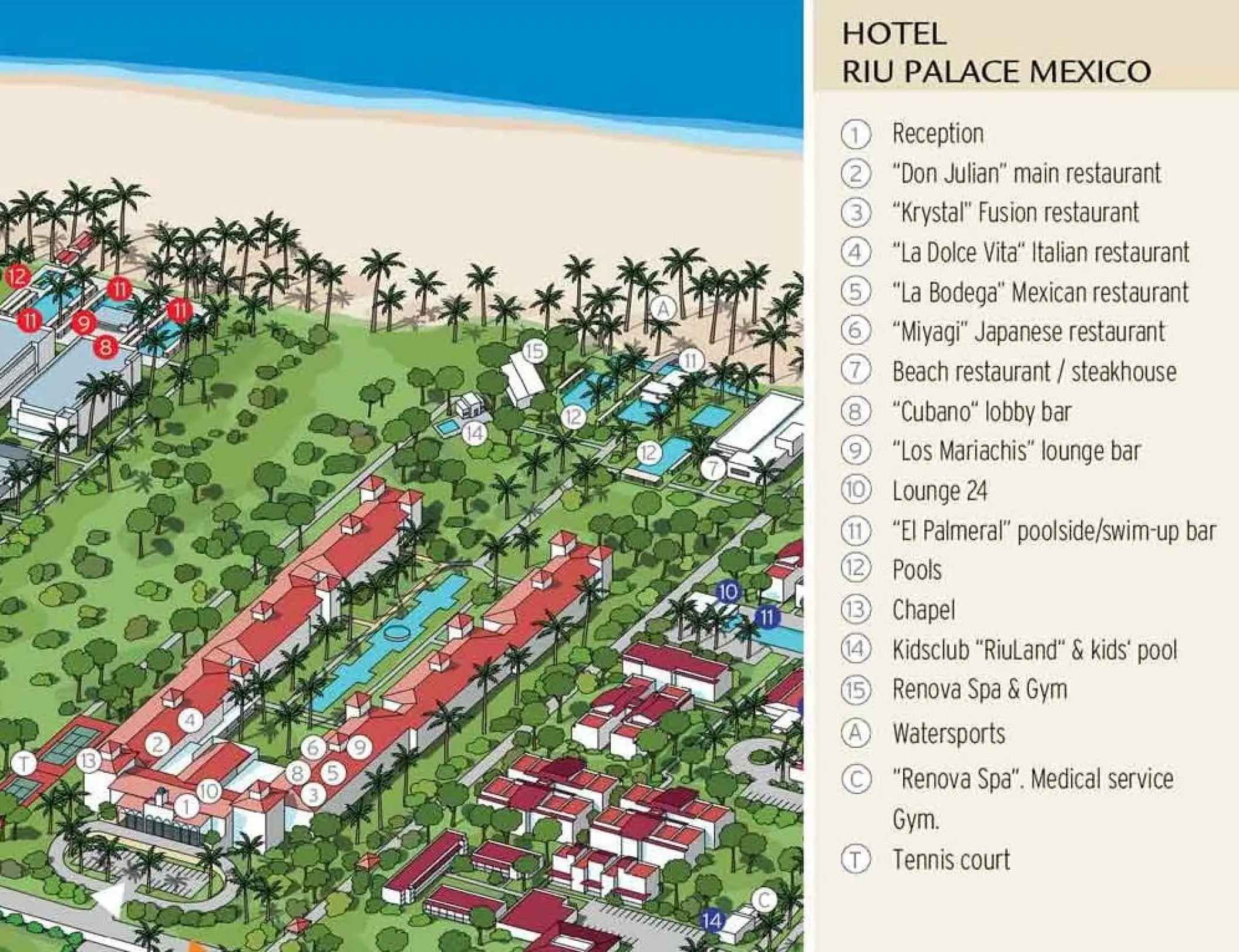 Map of Riu Palace Mexico in Playa Del Carmen showing restaurant and pool locations