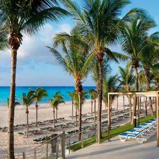 Palm trees and sun loungers on the white sand beach at Riu Yucatan, Playa Del Carmen