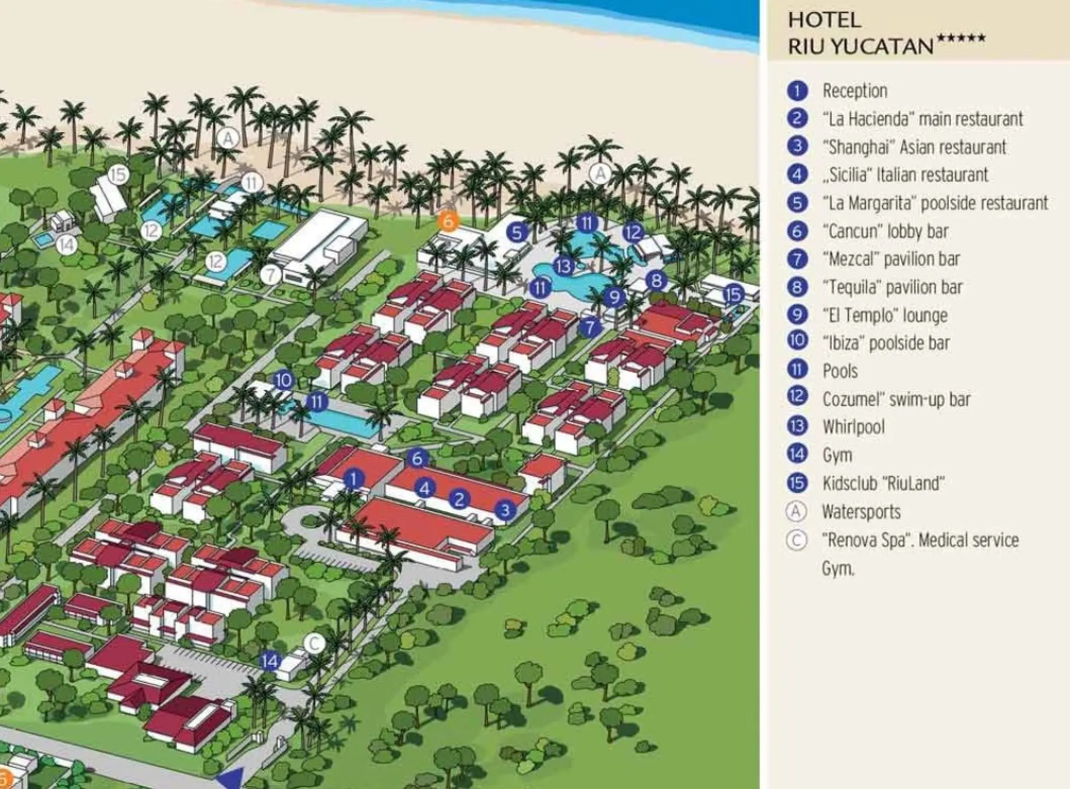Riu Yucatan resort map with numbered locations for restaurants, bars, and pools in Playa Del Carmen