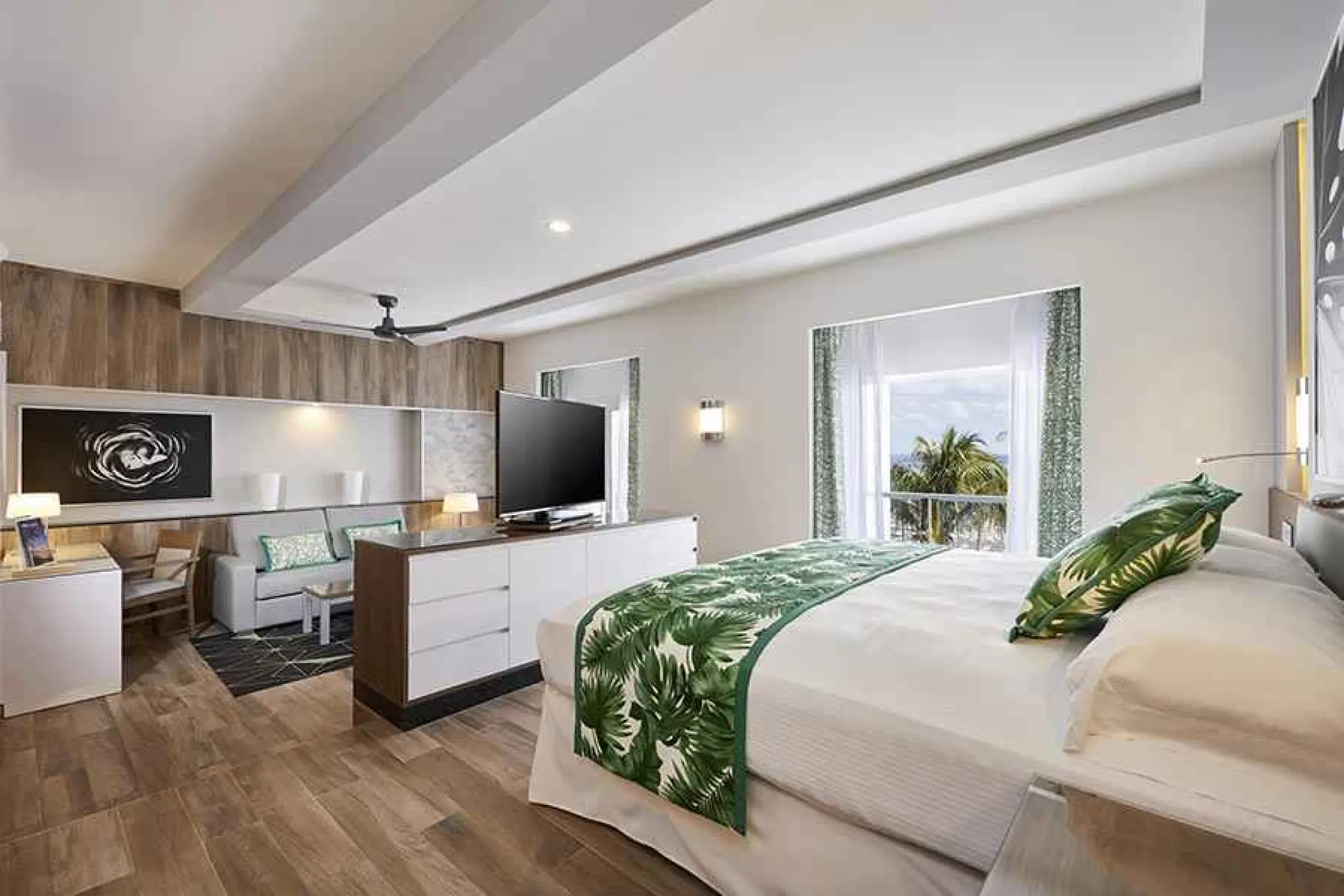 Modern guest suite with tropical green accents and a separate living area at Riu Palace Riviera Maya, Playa Del Carmen
