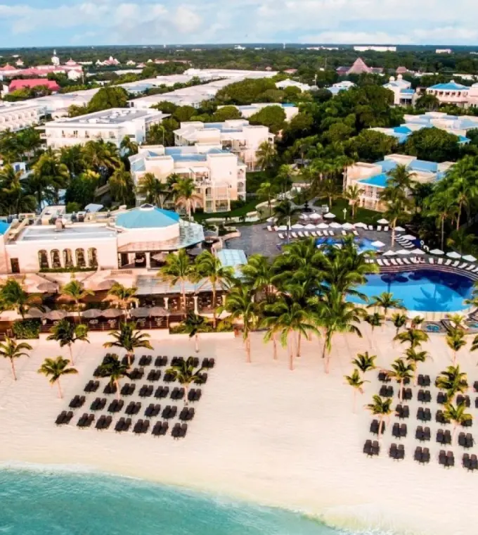 Aerial view of Royal Hideaway Playacar beachfront and pools, Playa Del Carmen
