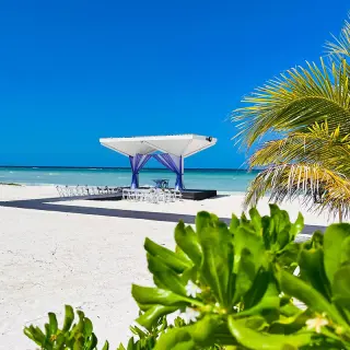 Beachfront wedding ceremony with a white gazebo and blue drapes at Royalton Blue Waters, Montego Bay