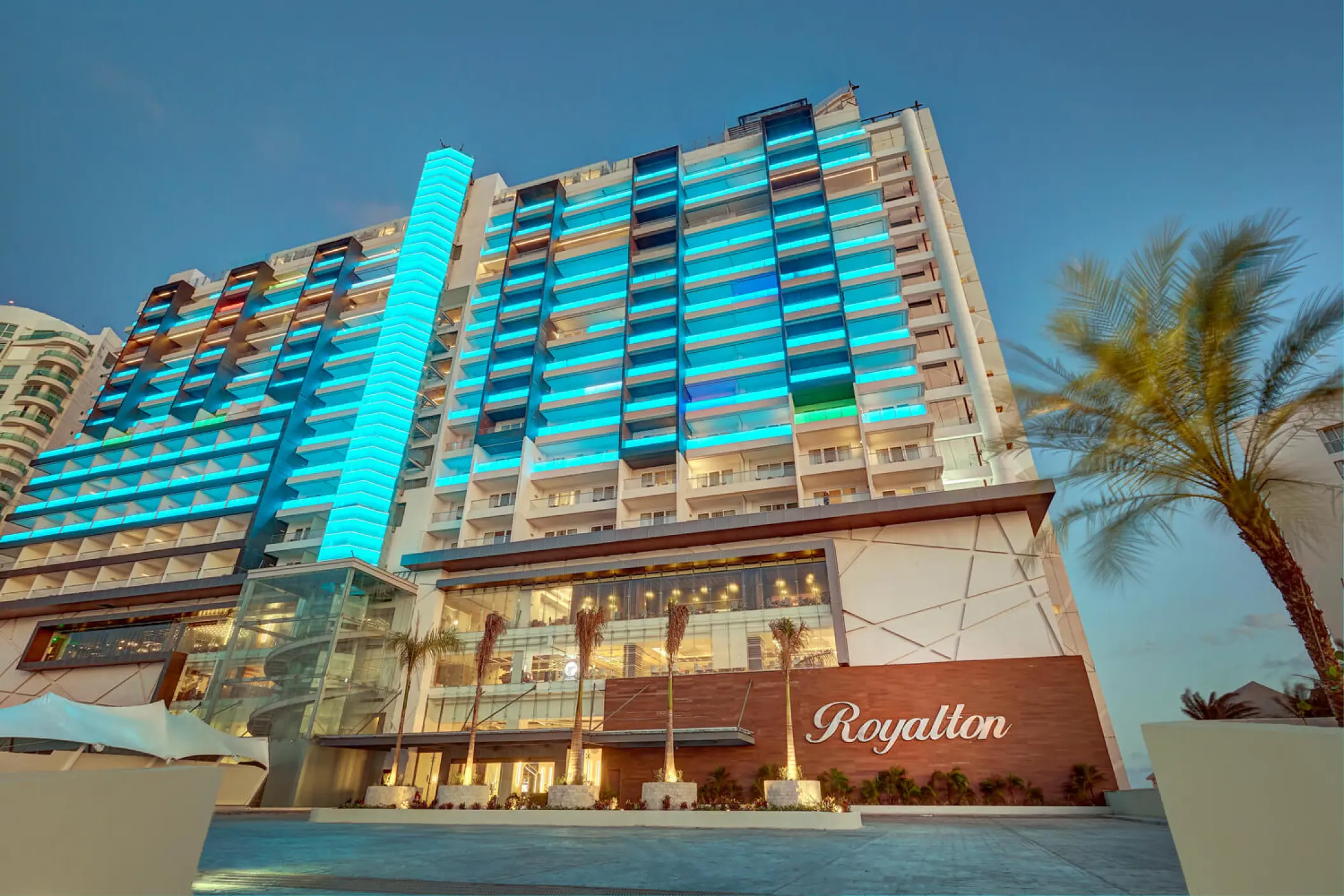 Modern illuminated exterior and entrance of Royalton CHIC Cancun, Cancun