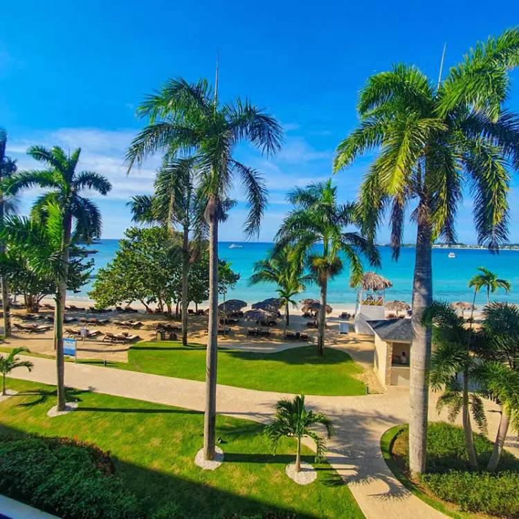 Palm trees and manicured gardens overlooking the beach at Royalton Negril, Negril