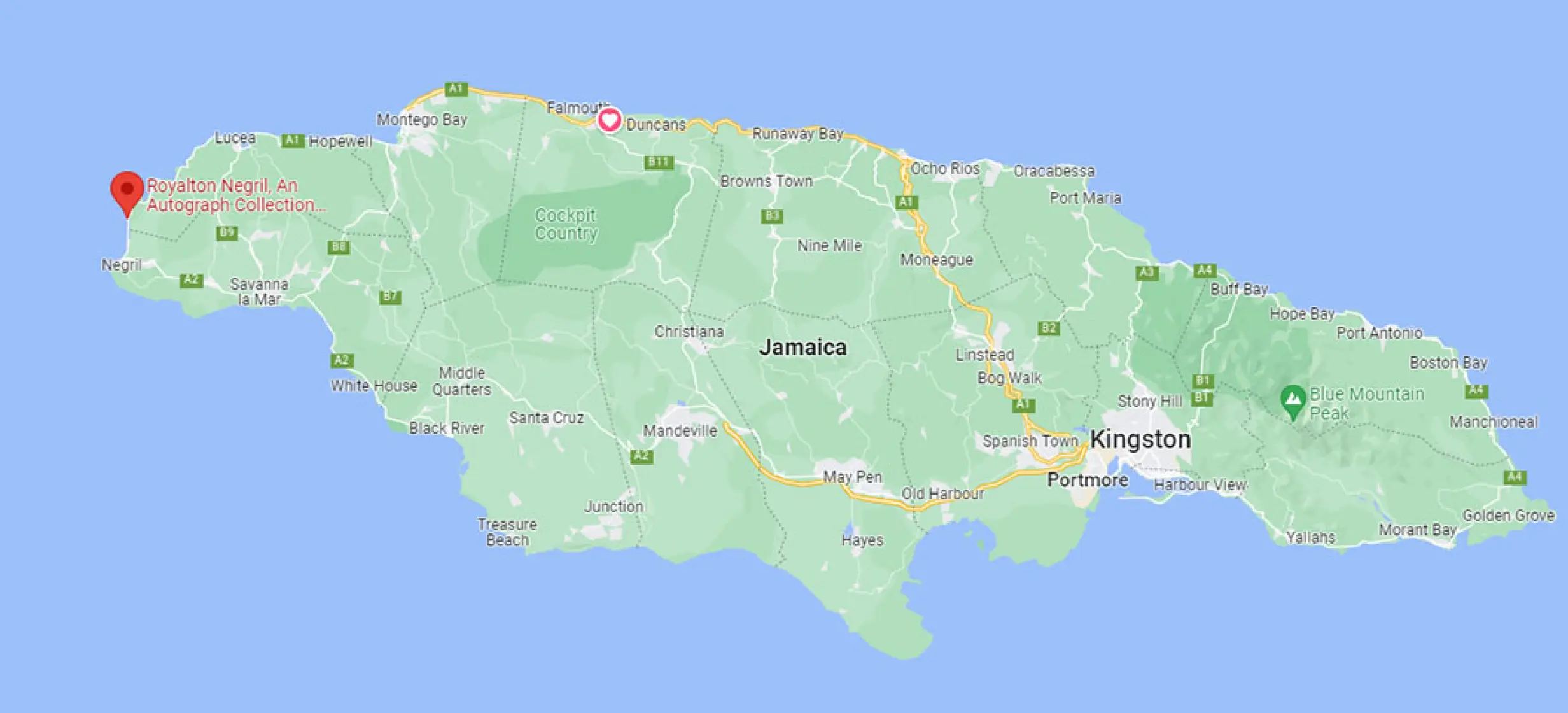 Map of Jamaica showing the location of Royalton Negril on the west coast