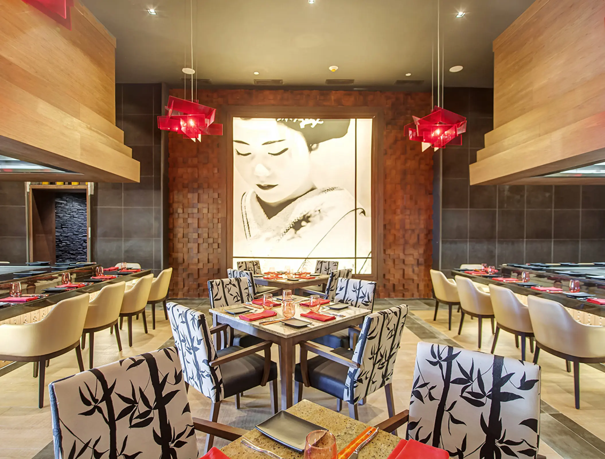 Zen Japanese restaurant dining area with geisha mural at Royalton Negril, Jamaica