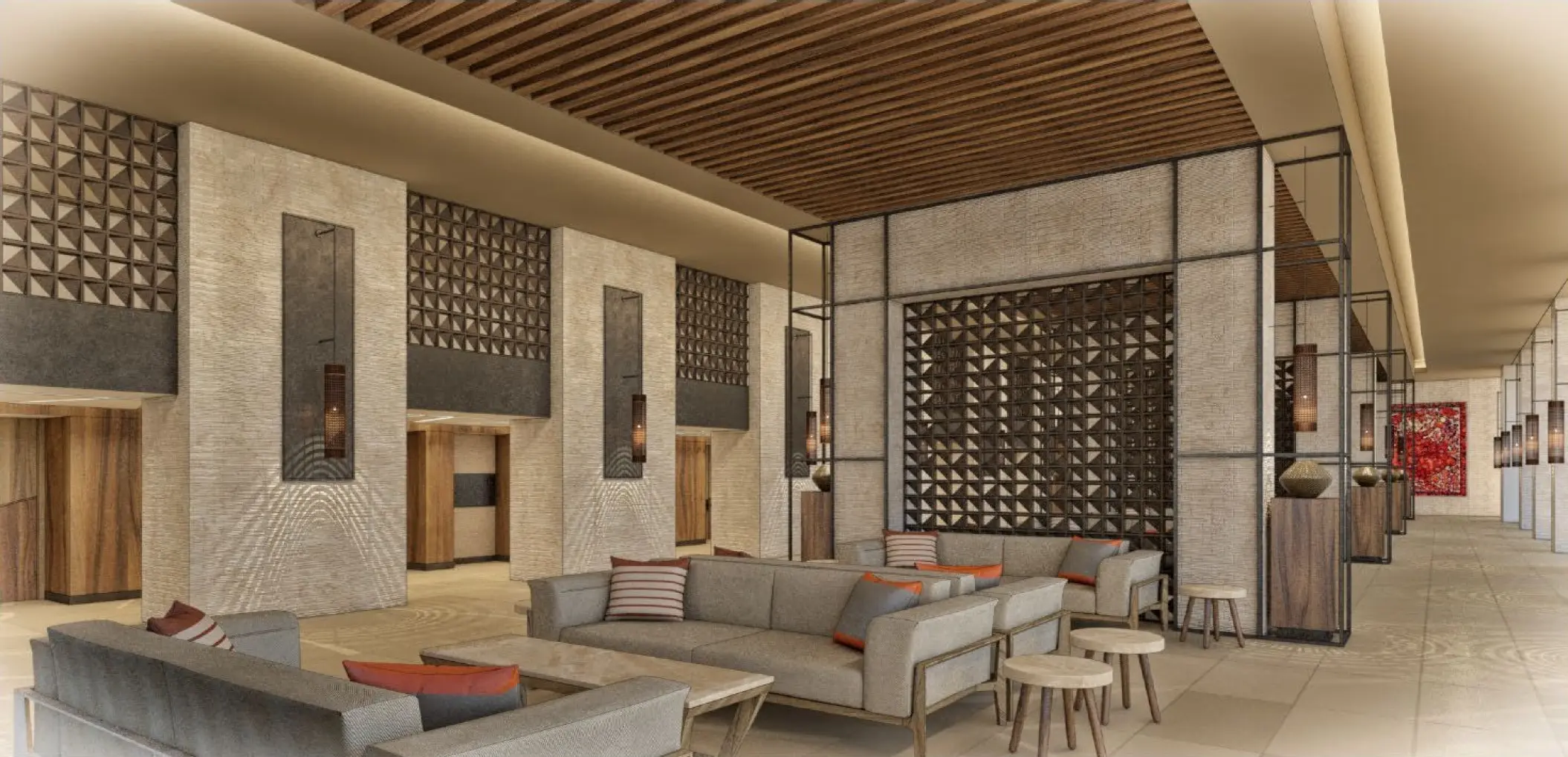 Modern lounge area with gray sofas and wooden slatted ceiling at Royalton Splash Riviera Cancun