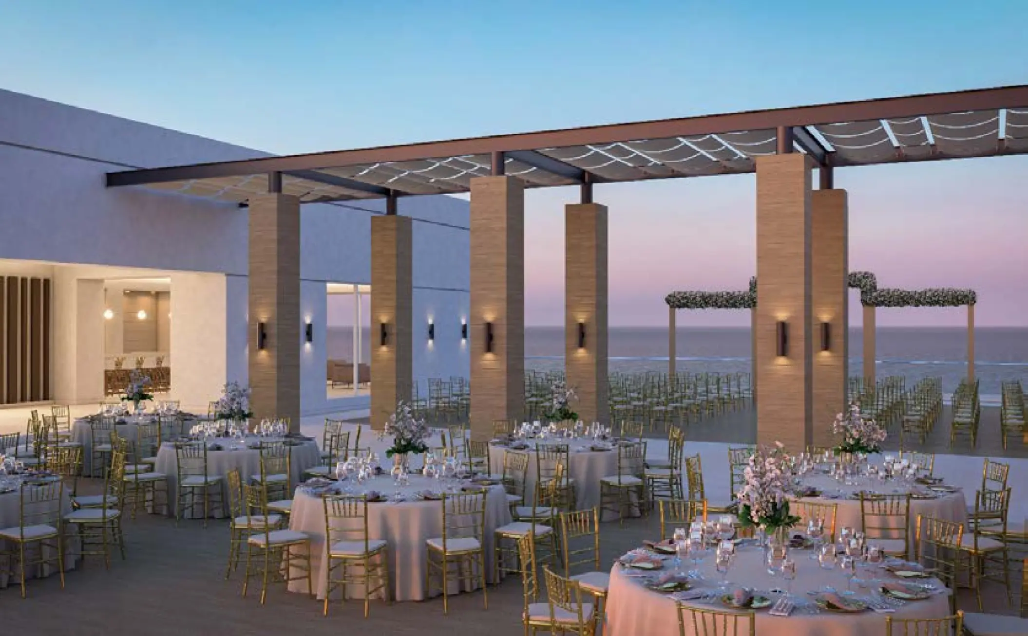 Rooftop wedding reception with ocean views at Royalton Splash Riviera, Cancun