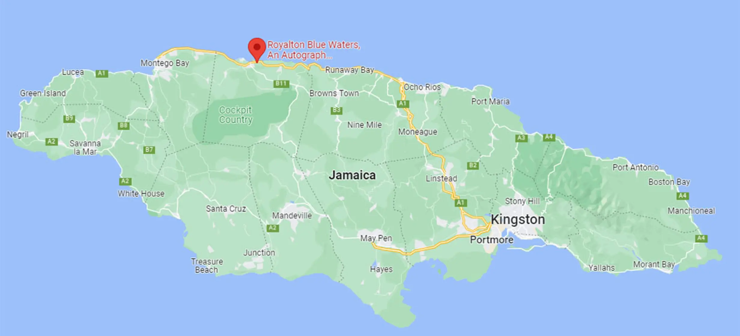 Map of Jamaica showing the location of Royalton Blue Waters on the northern coast near Montego Bay