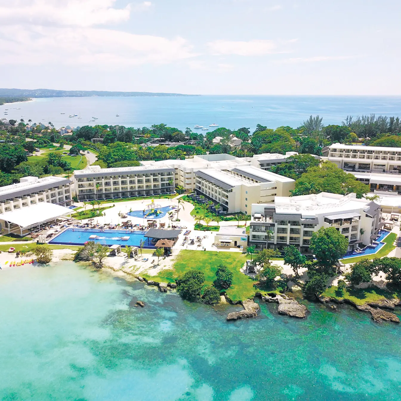 Aerial view of Royalton Negril and turquoise ocean, Jamaica