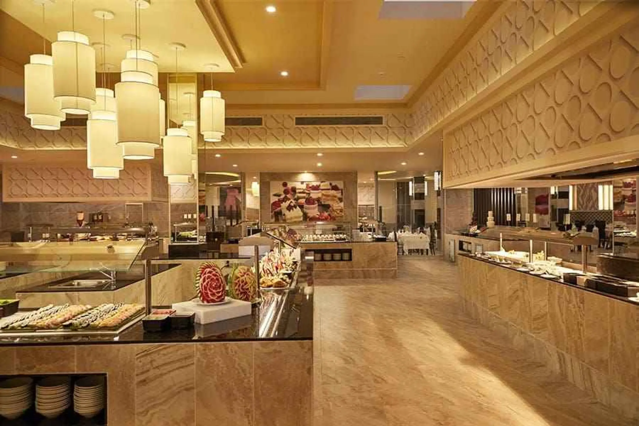 Buffet area with hanging lantern lights at Riu Palace Riviera Maya, Playa Del Carmen