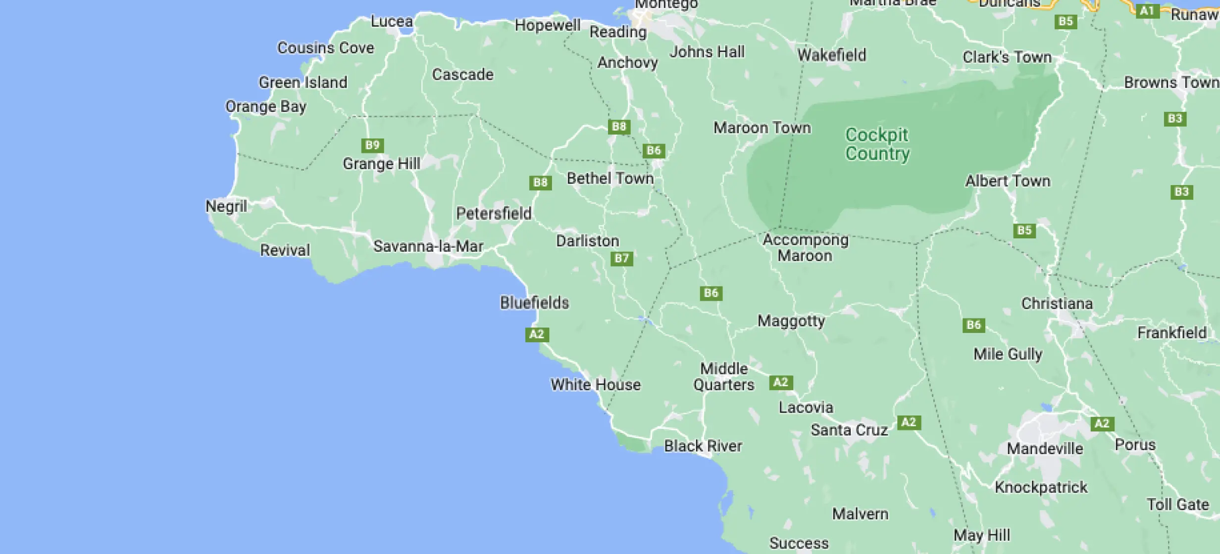 Map showing the location of Sandals Montego Bay on the northern coast of Jamaica