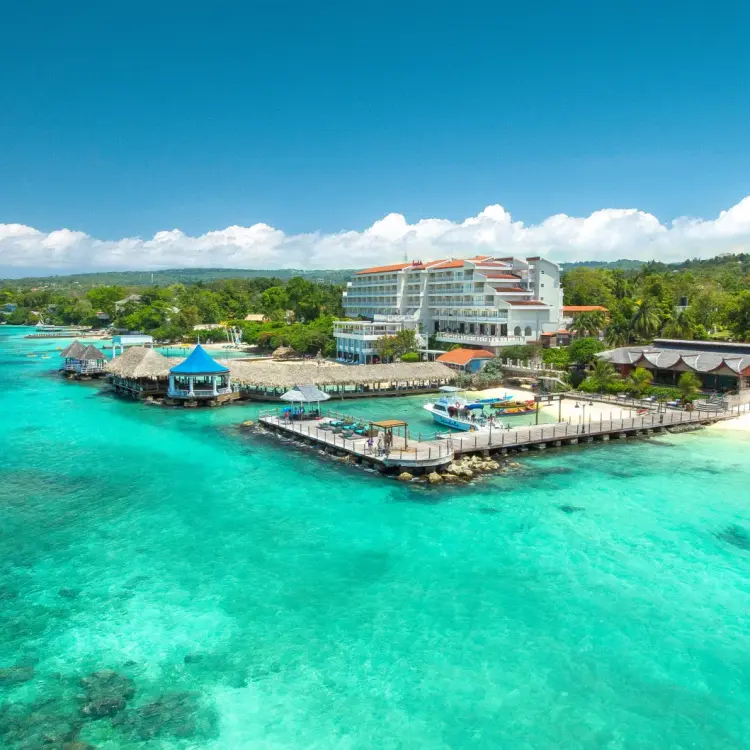 Aerial view of Sandals Ochi beachfront and turquoise Caribbean sea, Ocho Rios