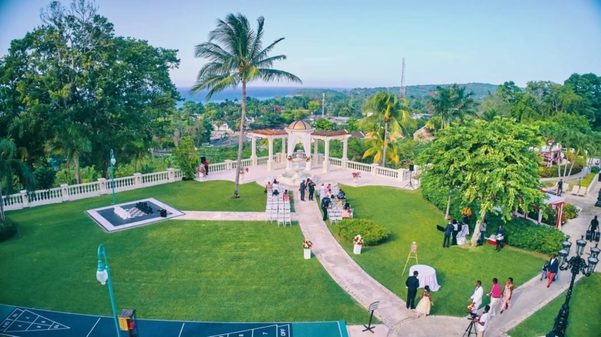 European Wedding Garden ceremony setup at Sandals Ochi, Ocho Rios