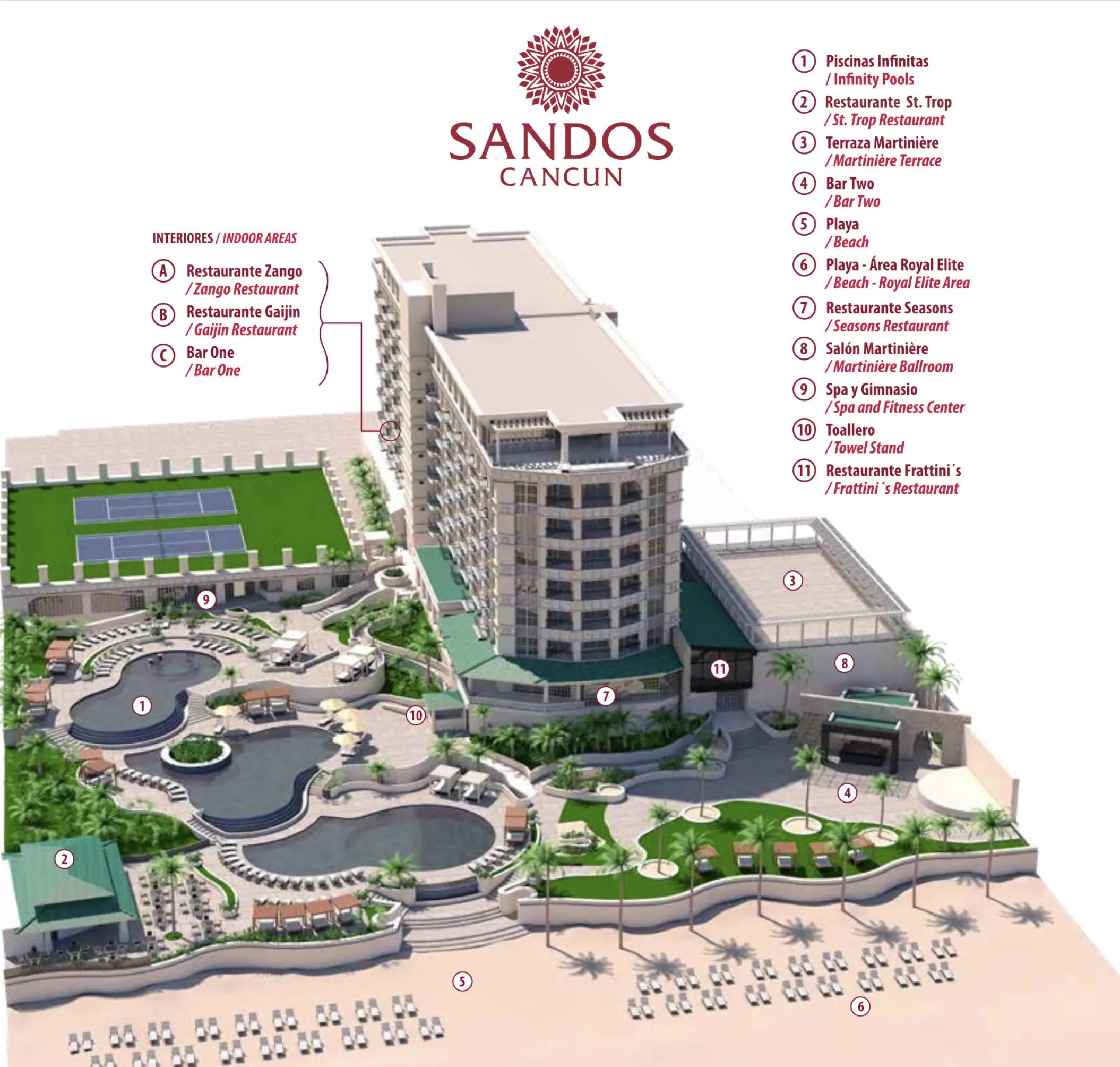 Illustrated resort map of Sandos Cancun showing pools, restaurants, and beachfront facilities