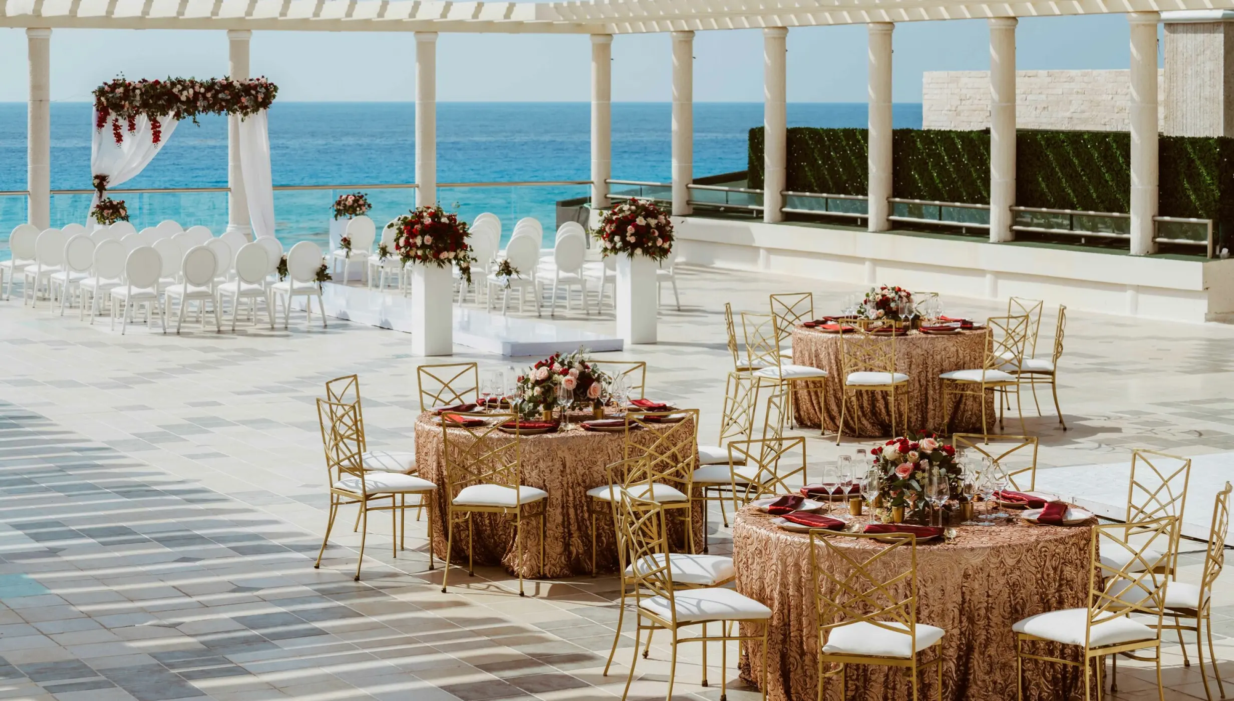 Ceremony and dinner reception decor on the terrace wedding venue at Sandos Cancun