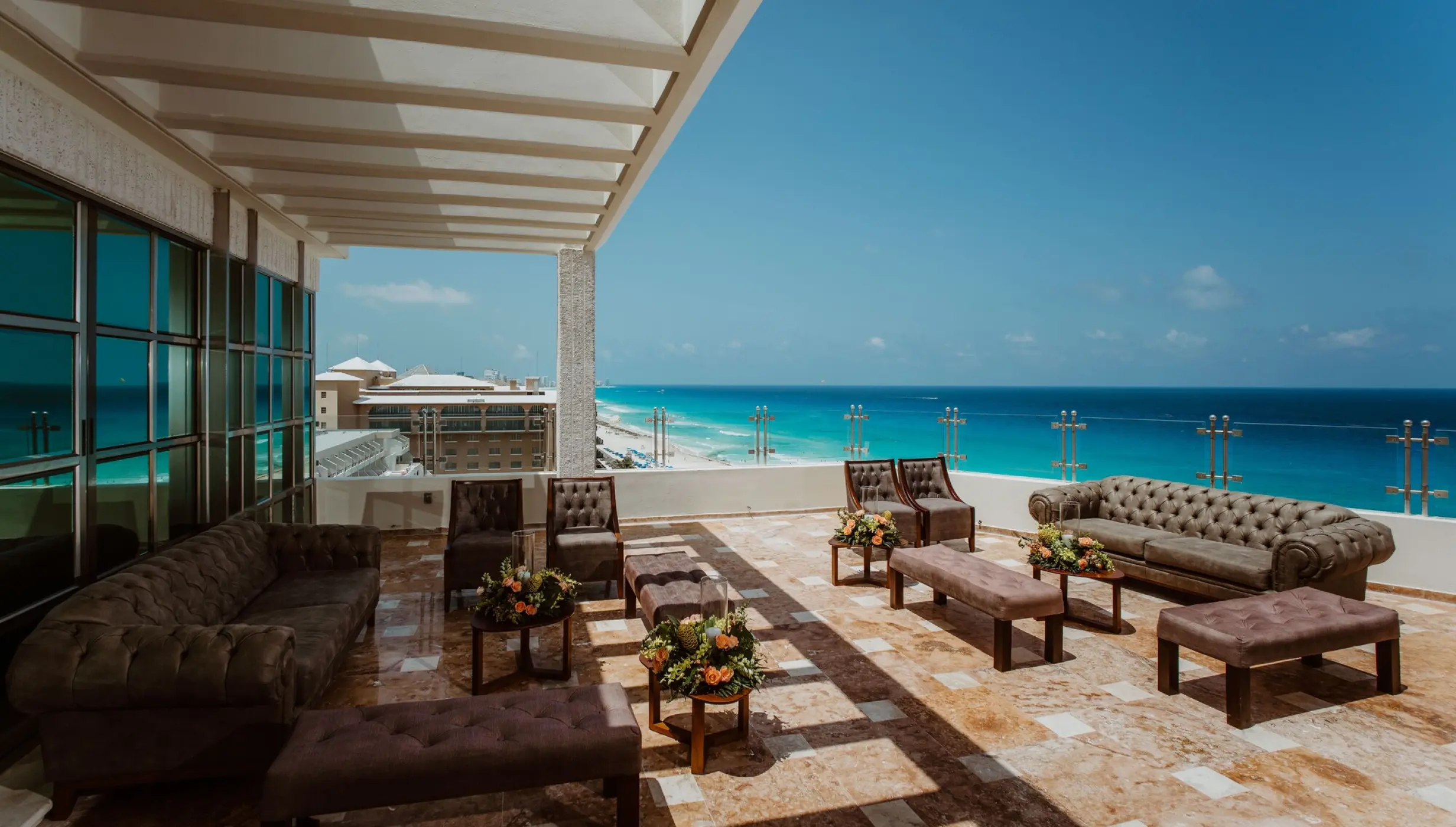 Cocktail decor on the penthouse wedding venue at Sandos Cancun