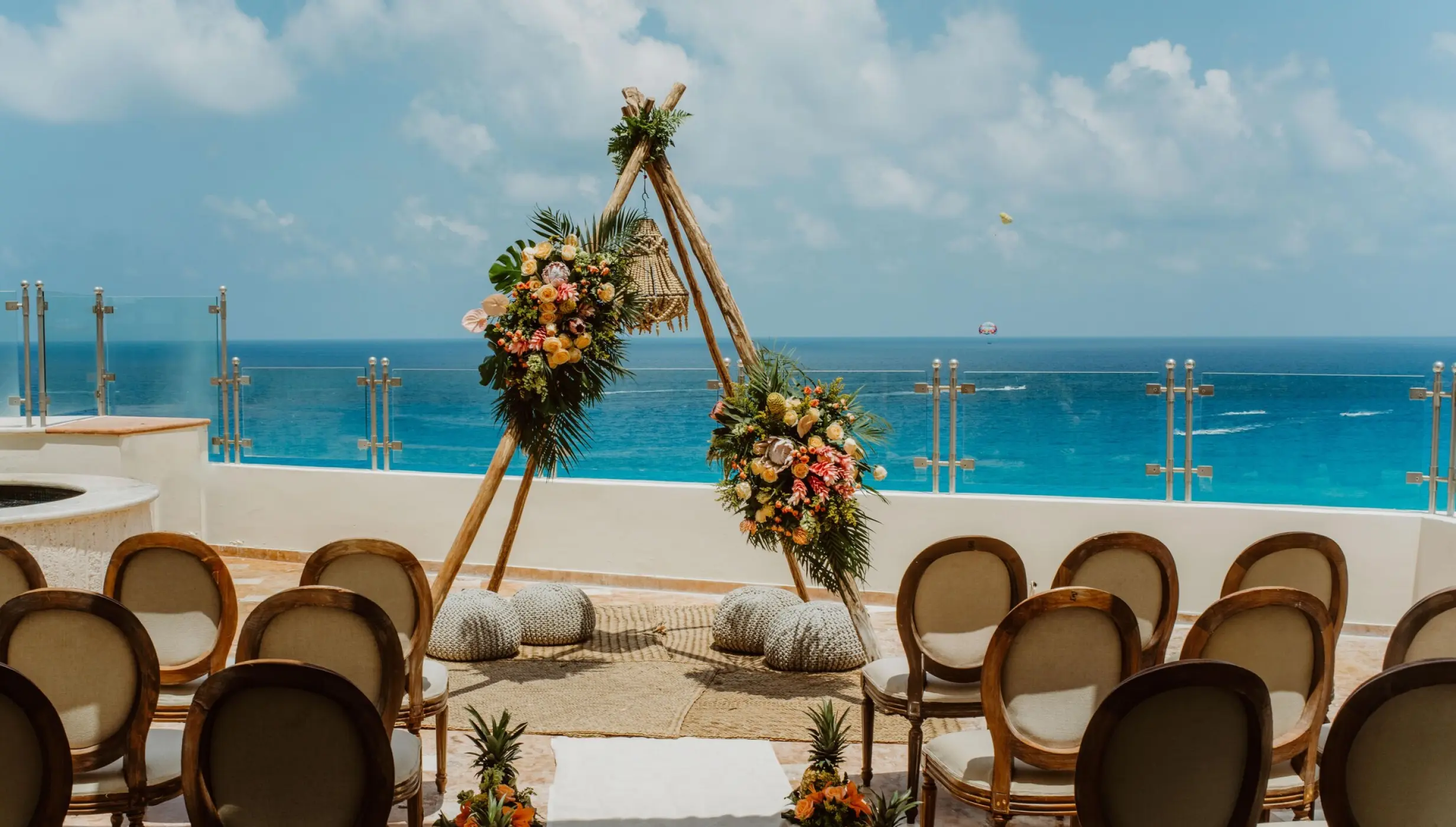 Ceremony decor on the Penthouse wedding venue at Sandos Cancun