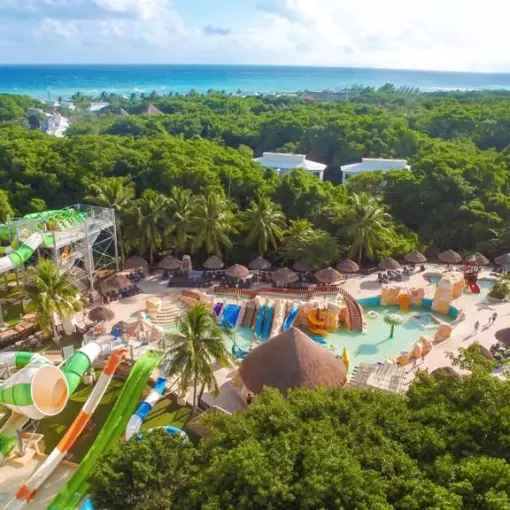 Aerial view of the water park and slides at Sandos Caracol, Playa Del Carmen