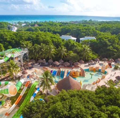 Sandos Caracol Eco Resort water park with slider arial view