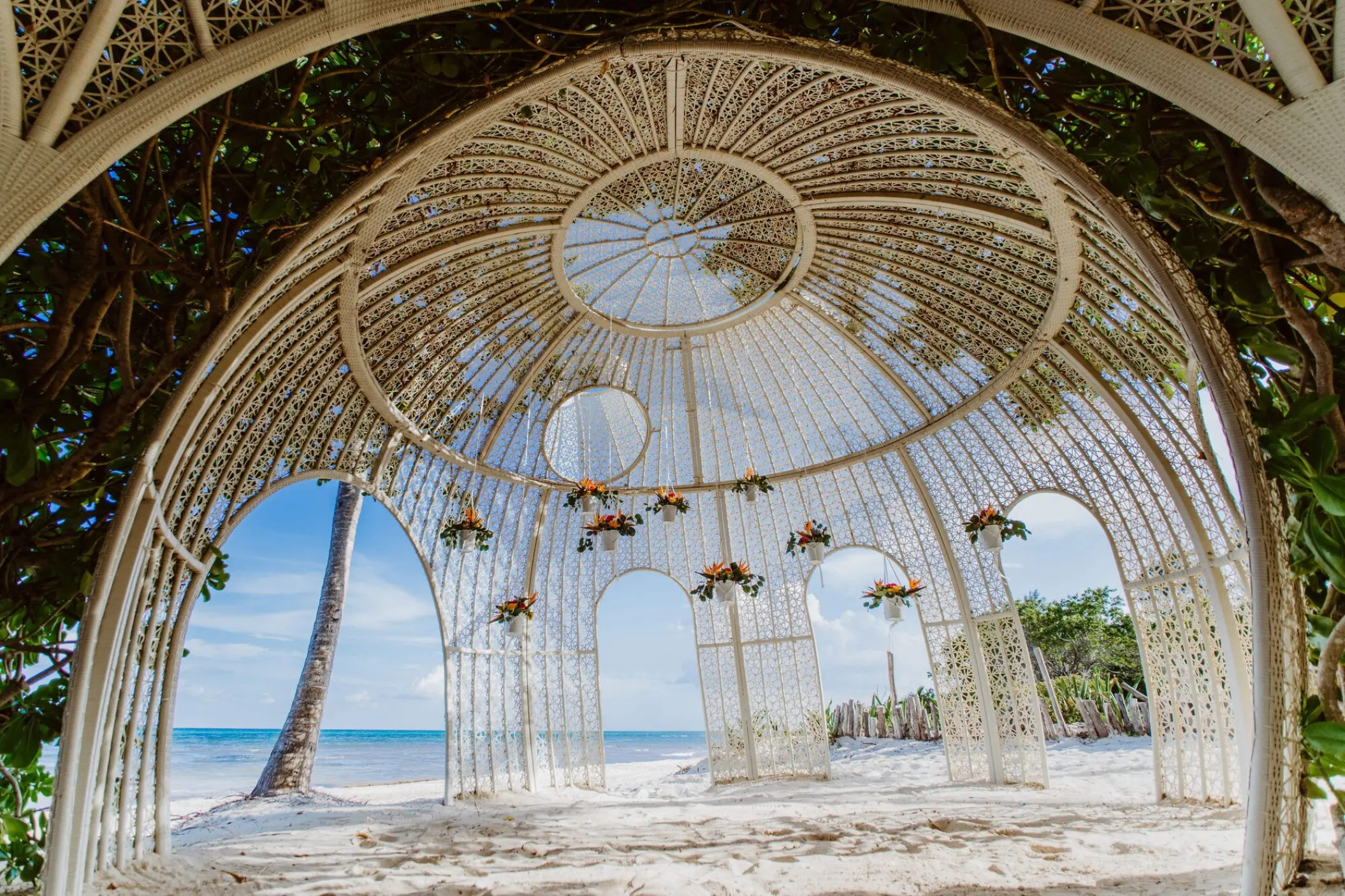 Interior view of the white lattice beach gazebo at Sandos Caracol, Playa Del Carmen