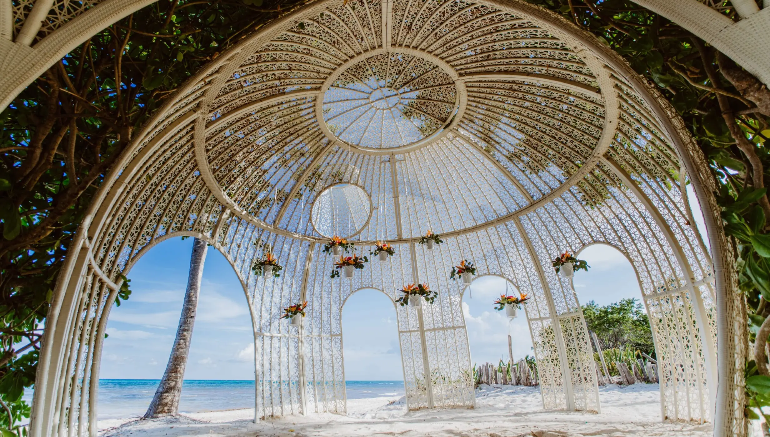 Interior view of the white lattice beach gazebo at Sandos Caracol, Playa Del Carmen