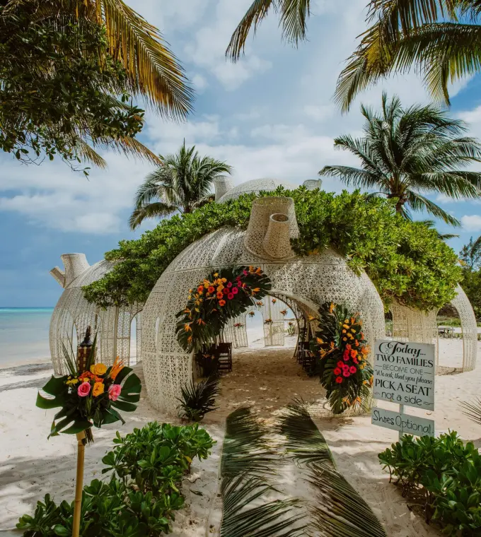 White woven beach gazebo for a wedding ceremony at Sandos Caracol, Playa Del Carmen