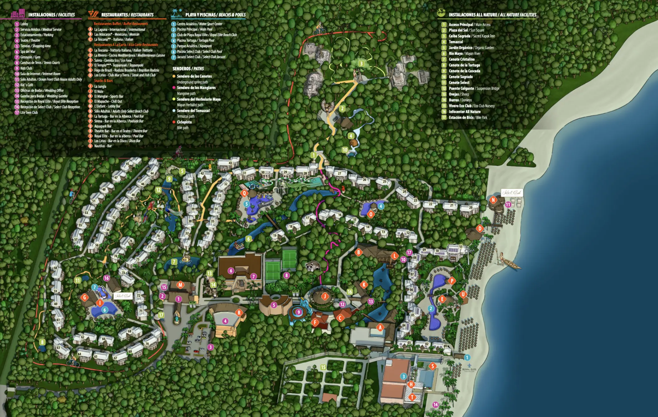 Map of Sandos Caracol Eco Resort in Playa Del Carmen showing guest rooms, pools, and beach access