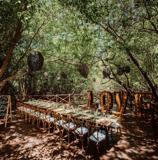 Dinner reception on the garden wedding venue at Sandos Caracol Eco Resort