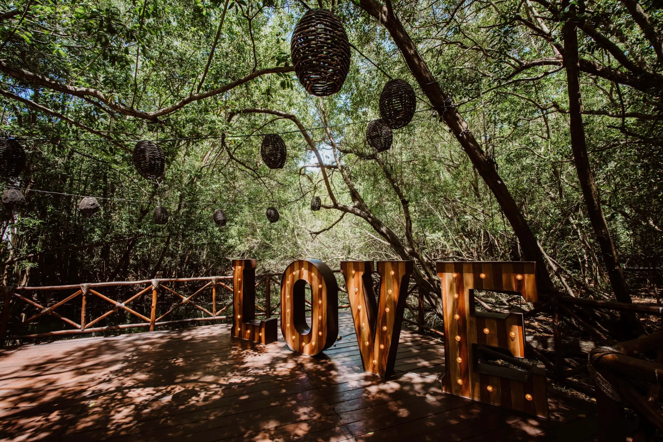 Wooden LOVE marquee letters on the Mapache Deck at Sandos Caracol, Playa Del Carmen
