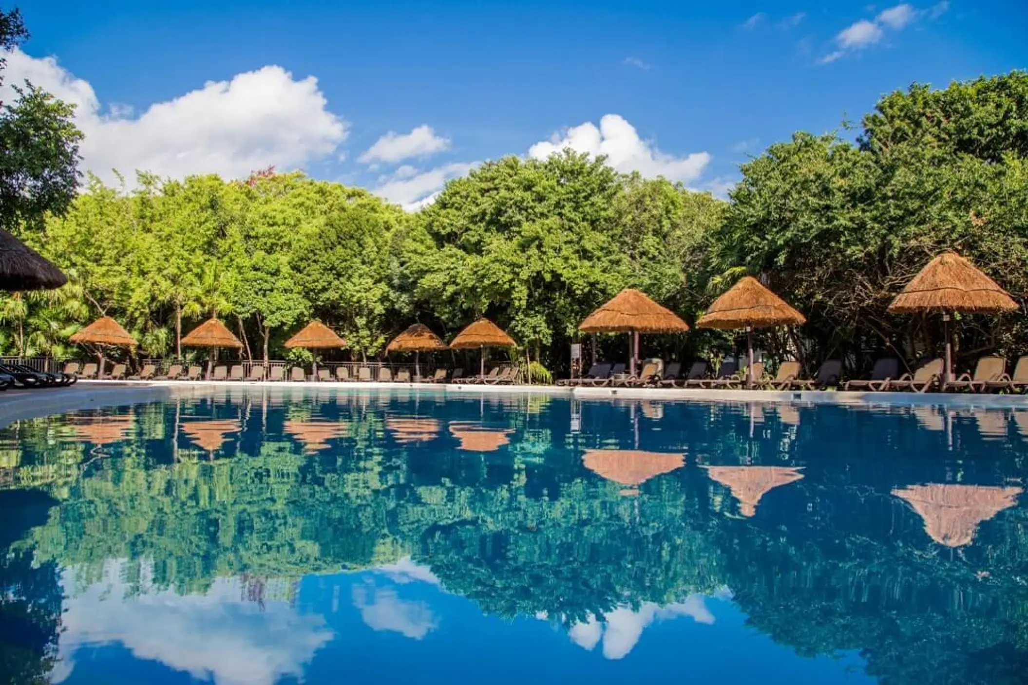 Tortuga pool surrounded by lush jungle and palapas at Sandos Caracol, Playa Del Carmen