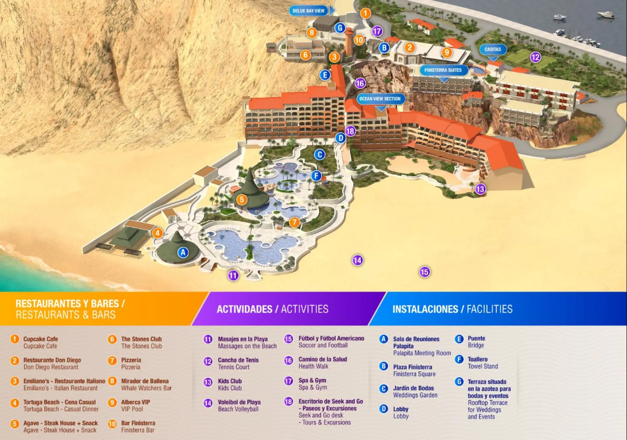 Illustrated resort map and facility guide for Sandos Finisterra, Cabo San Lucas