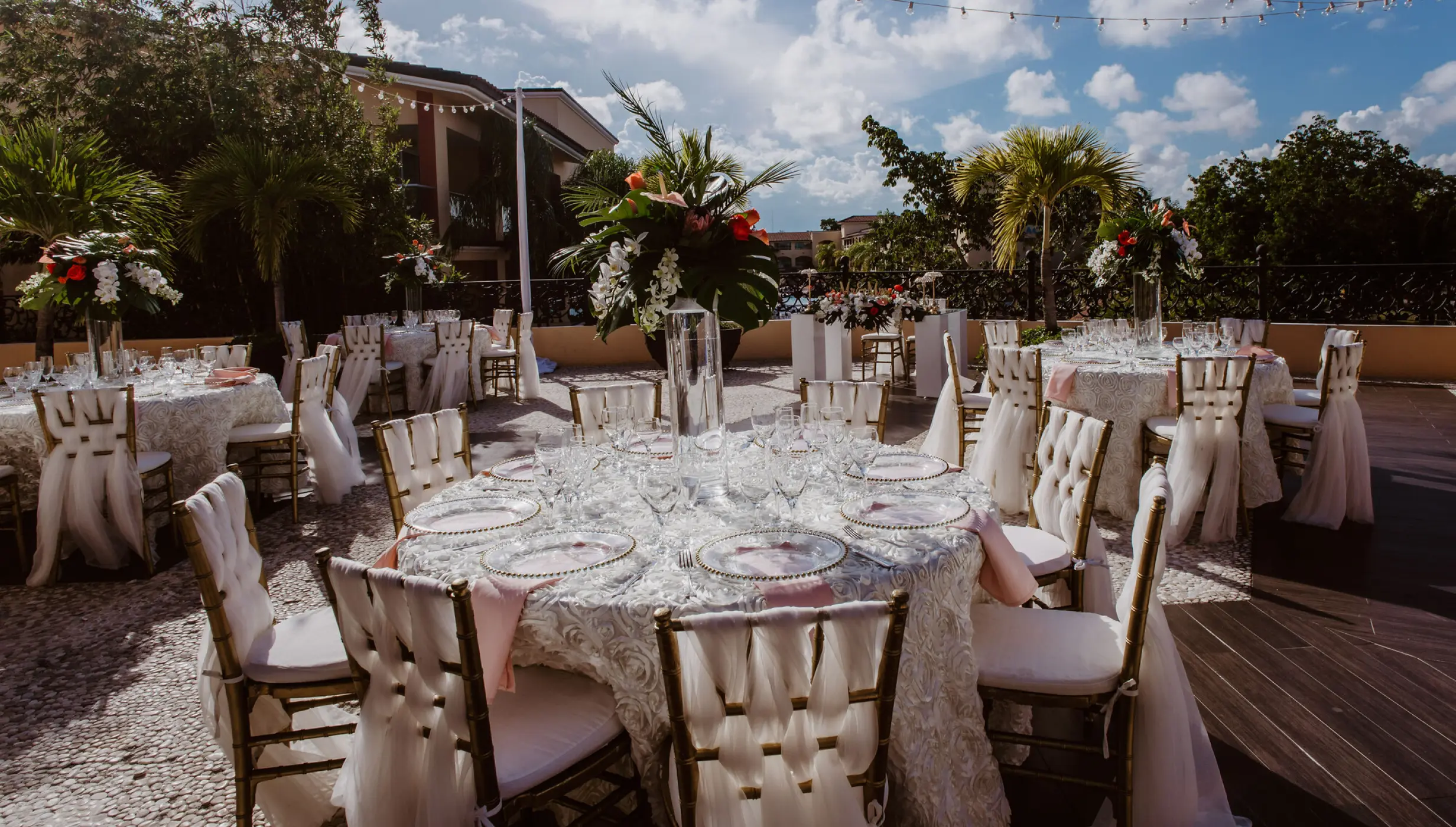 Dinner reception decor on the terrace wedding venue at Sandos Playacar Beach Resort