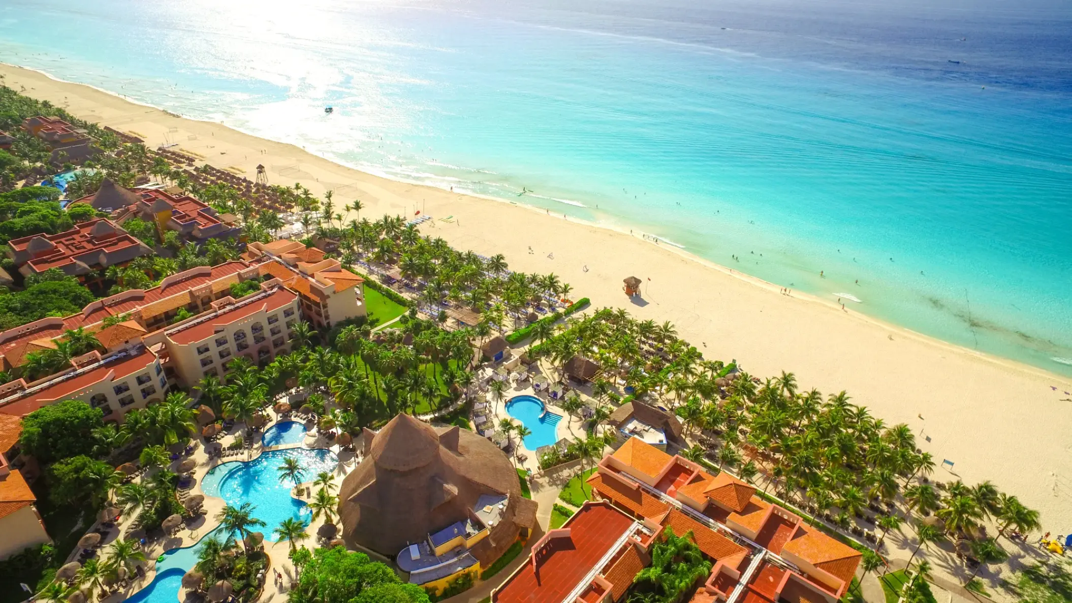 Aerial view of Sandos Playacar pools and white sand beach, Playa Del Carmen