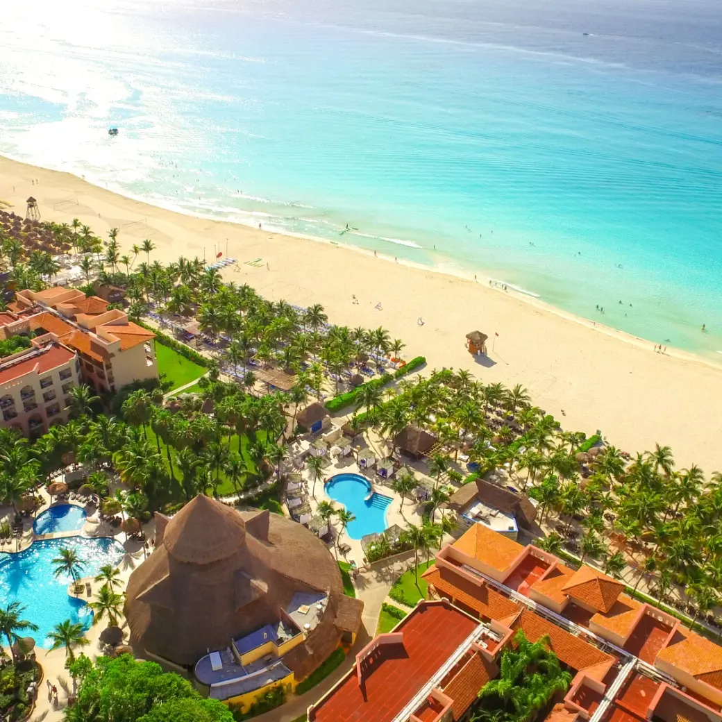 Aerial view of Sandos Playacar pools and white sand beach, Playa Del Carmen