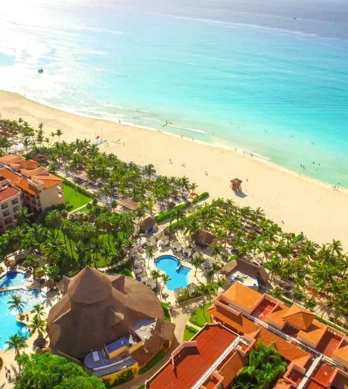 Aerial view of Sandos Playacar pools and white sand beach, Playa Del Carmen