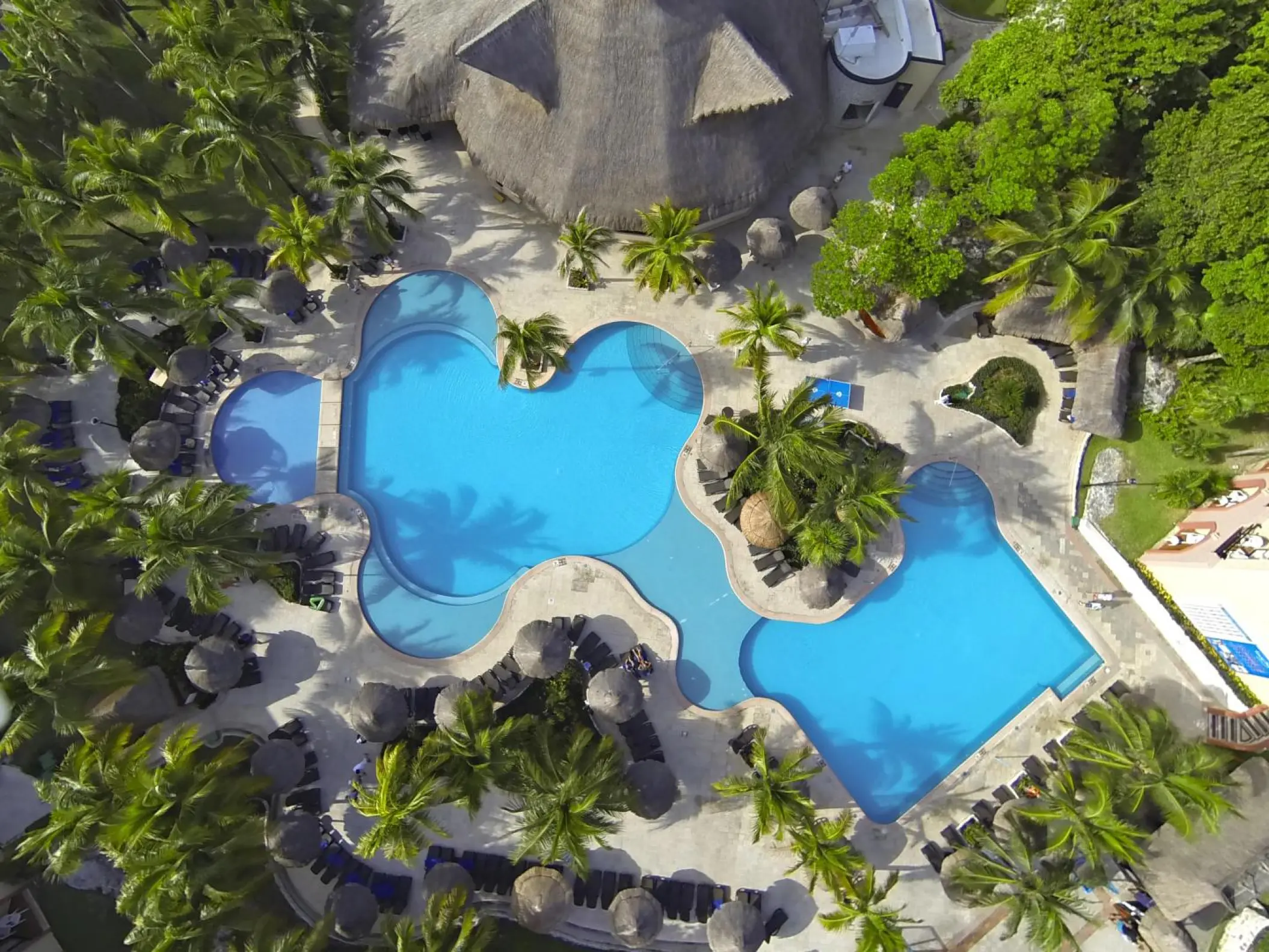 Aerial view of the winding blue swimming pools and palm trees at Sandos Playacar, Playa Del Carmen