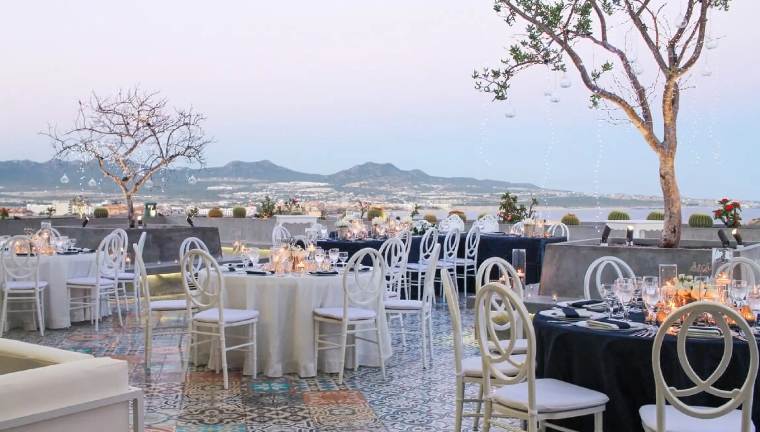 Dinner reception decor on mountaintop terrace at Sandos Finisterra Los Cabos