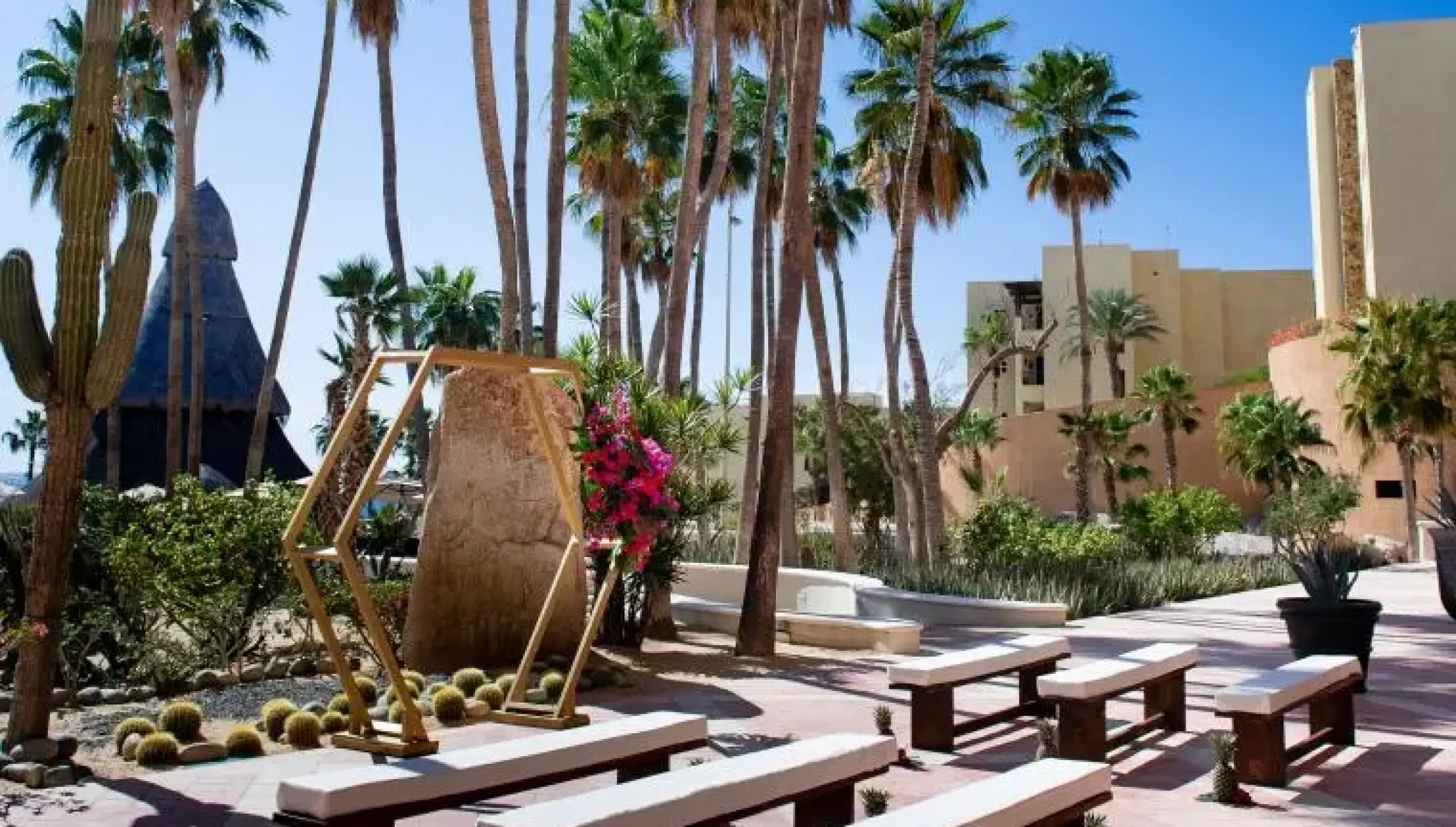 Desert garden wedding ceremony with a gold hexagonal arch and wooden benches at Sandos Finisterra, Cabo San Lucas