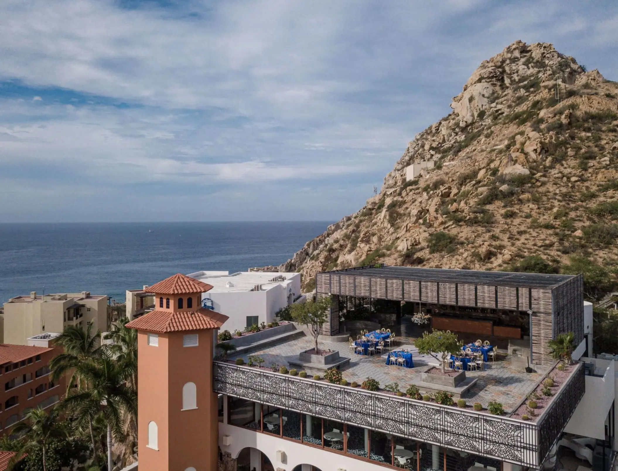 Rooftop wedding reception at Sandos Finisterra, Cabo San Lucas