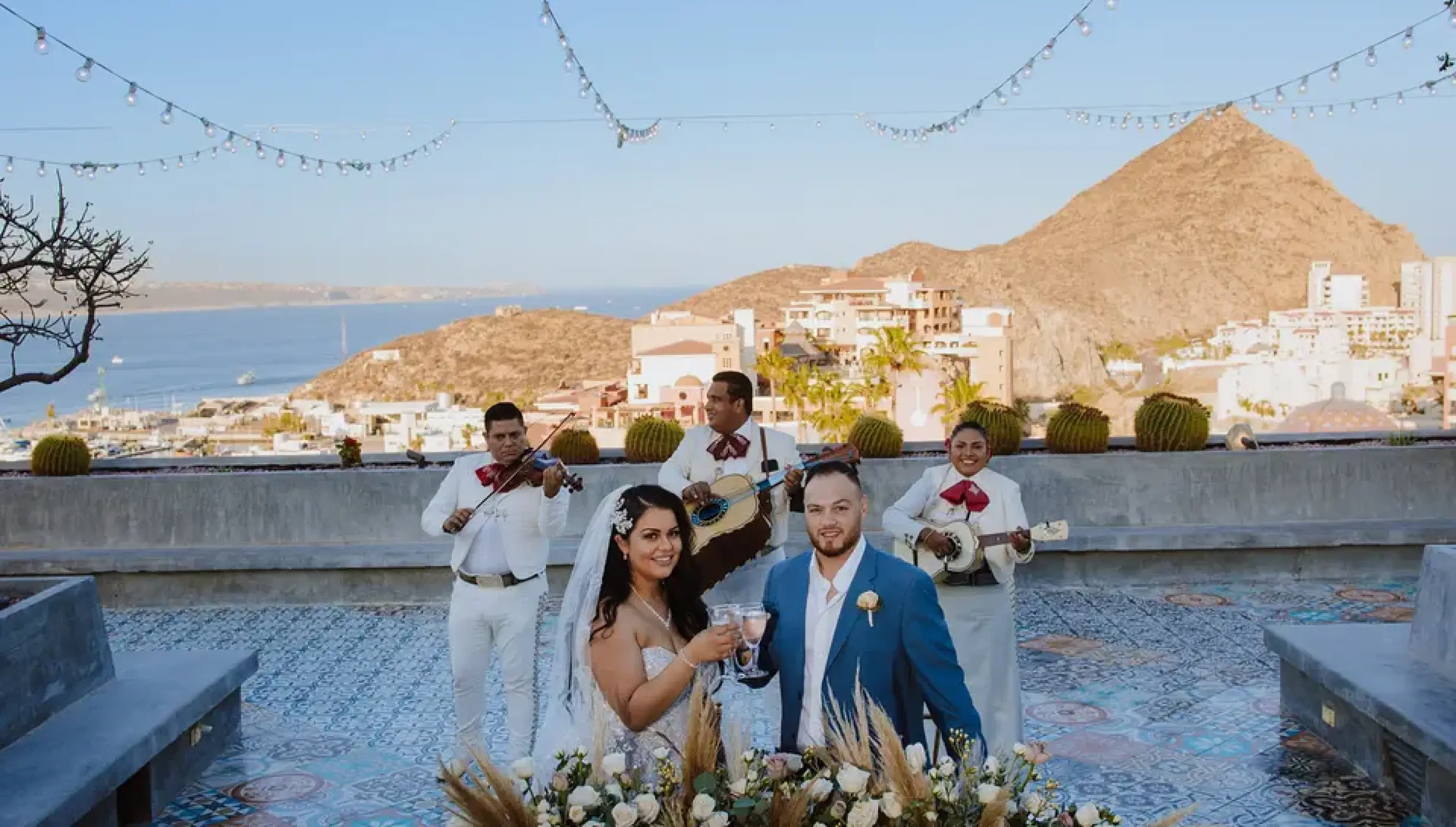 Dinner reception decor on mountaintop terrace at Sandos Finisterra Los Cabos