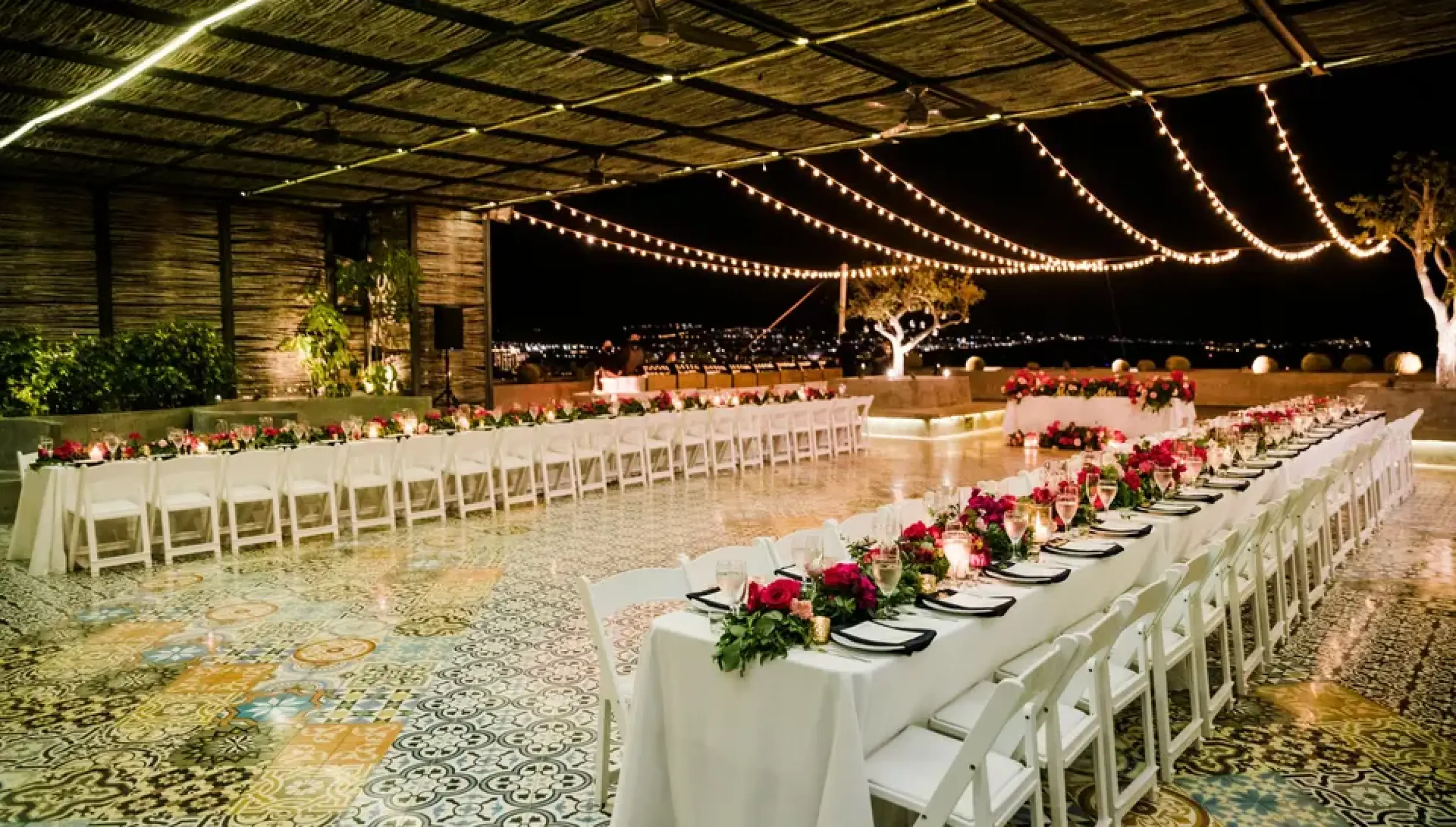 Dinner reception decor on mountaintop terrace at Sandos Finisterra Los Cabos
