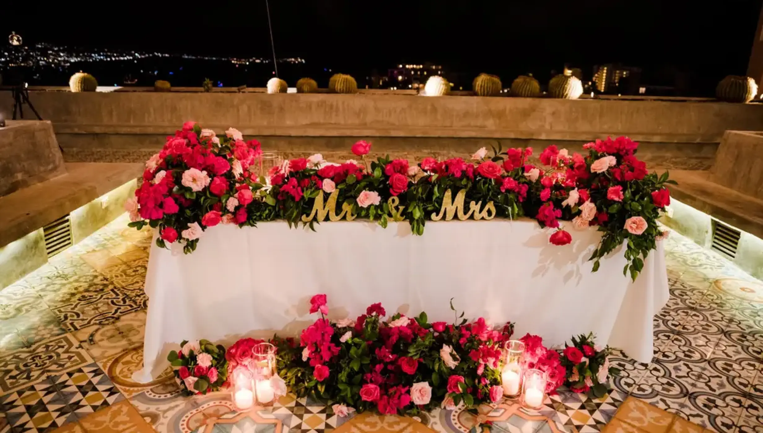 Dinner reception decor on mountaintop terrace at Sandos Finisterra Los Cabos