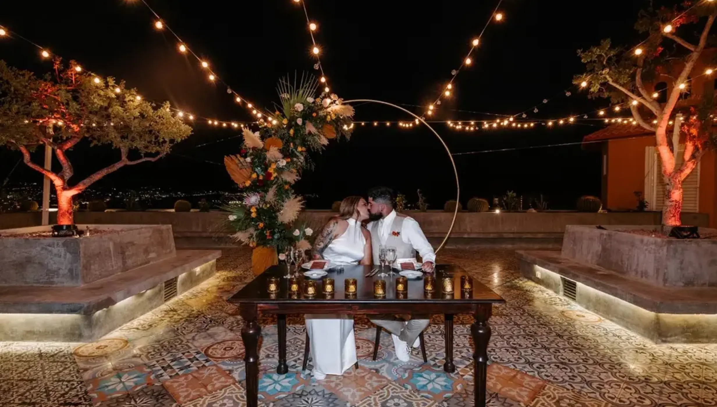 Dinner reception decor on mountaintop terrace at Sandos Finisterra Los Cabos