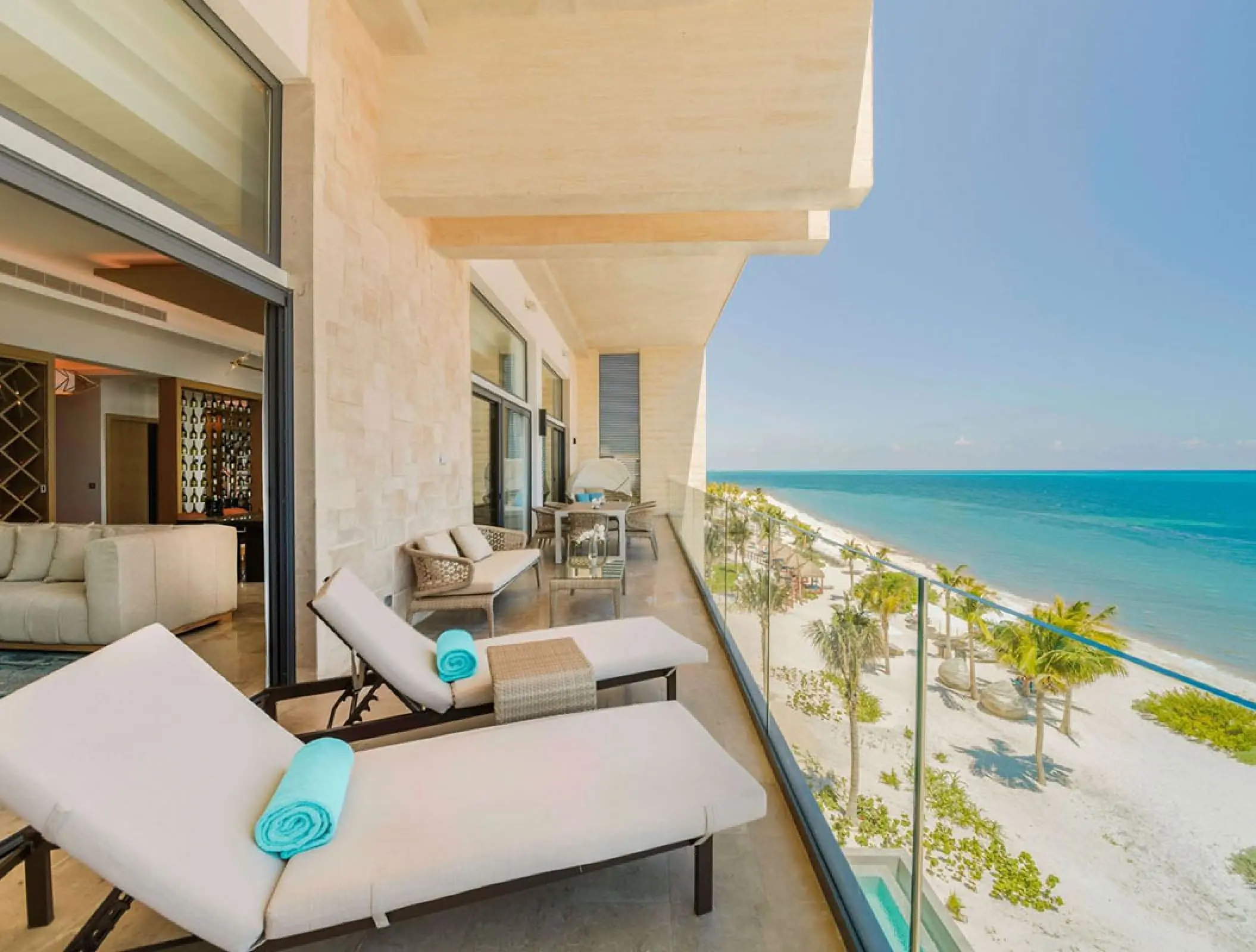 Haven Riviera Cancun presidential terrace with loungers overlooking the beach, Riviera Maya