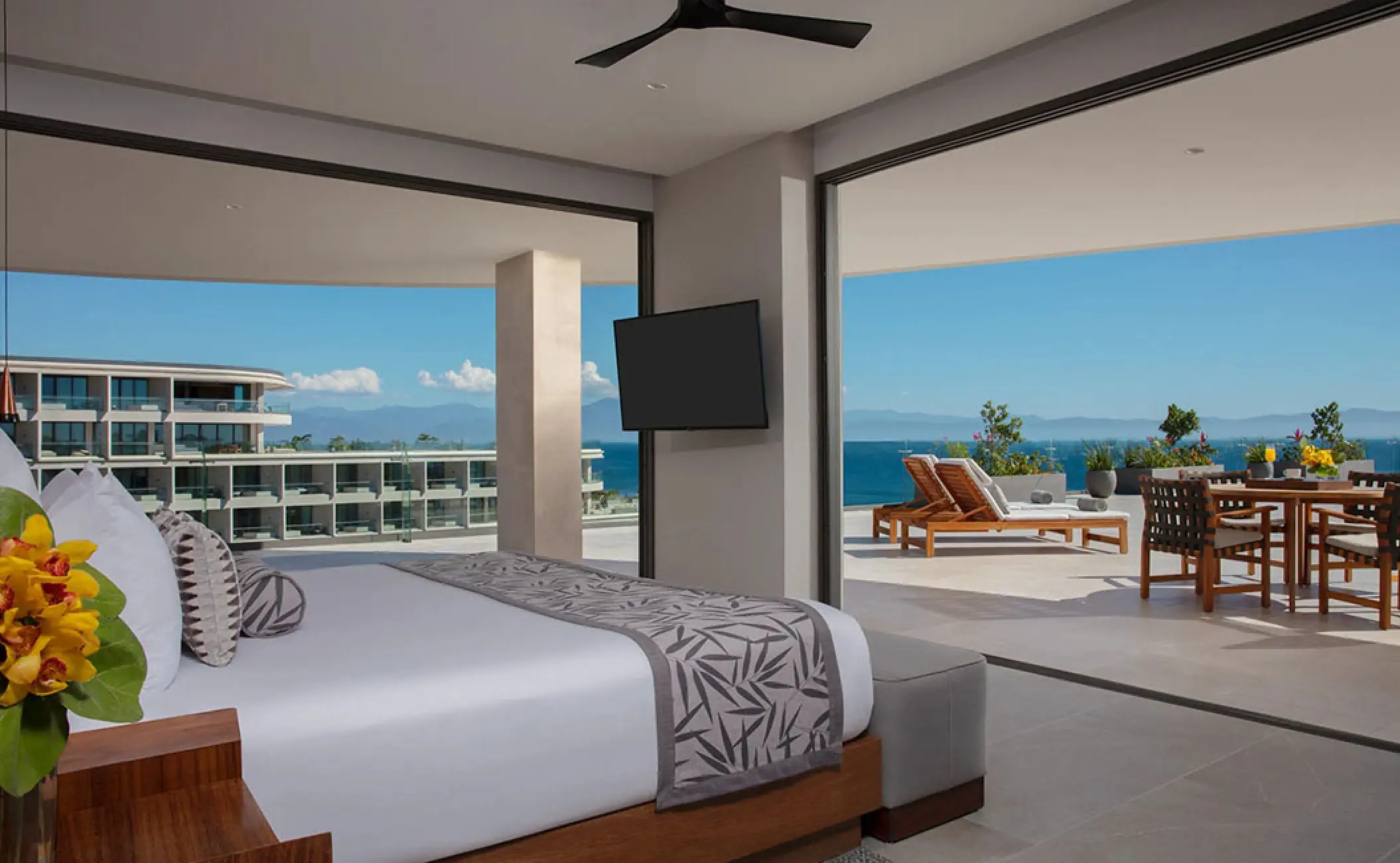 Presidential suite bedroom with oceanfront terrace at Secrets Bahia Mita, Puerto Vallarta