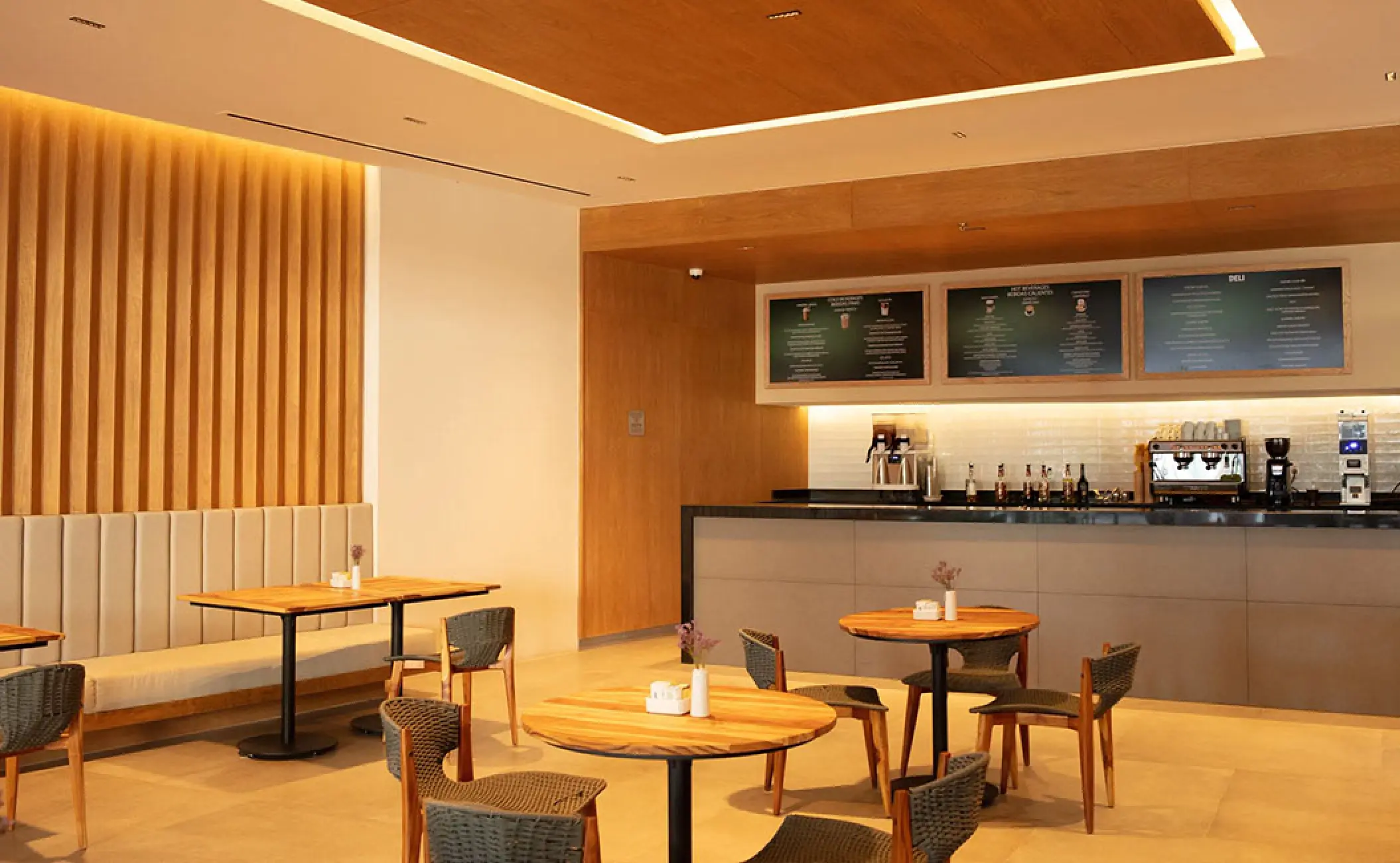 Coco Cafe interior seating and coffee bar at Secrets Bahia Mita, Puerto Vallarta